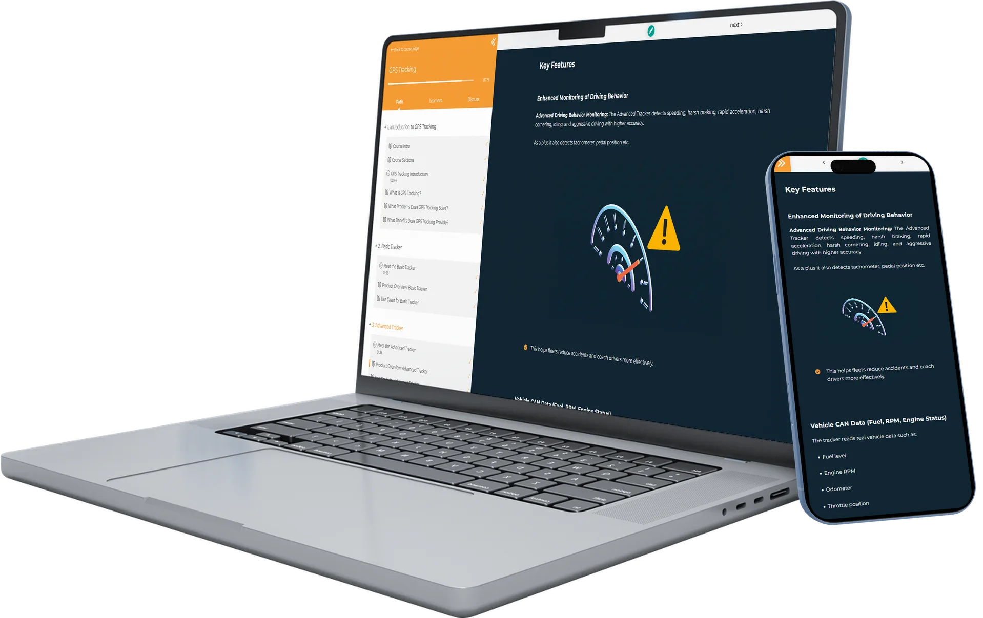 SKYTRACK Academy на лаптоп и телефон: страницата от курса по GPS проследяване за основните функции на Advanced Tracker