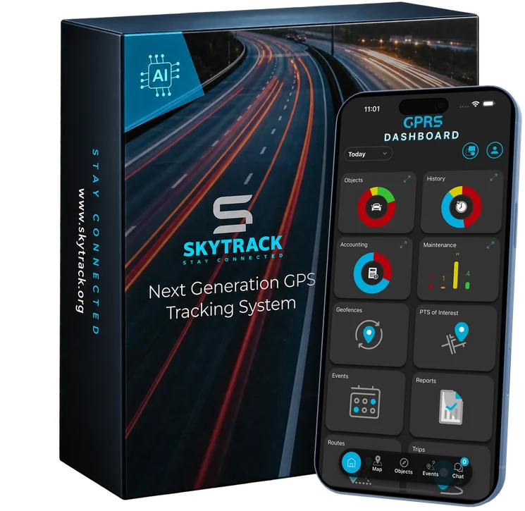 Cutia SKYTRACK, „Next Generation GPS Tracking System”, cu un iPhone în față care afișează dashboardul aplicației GPRS