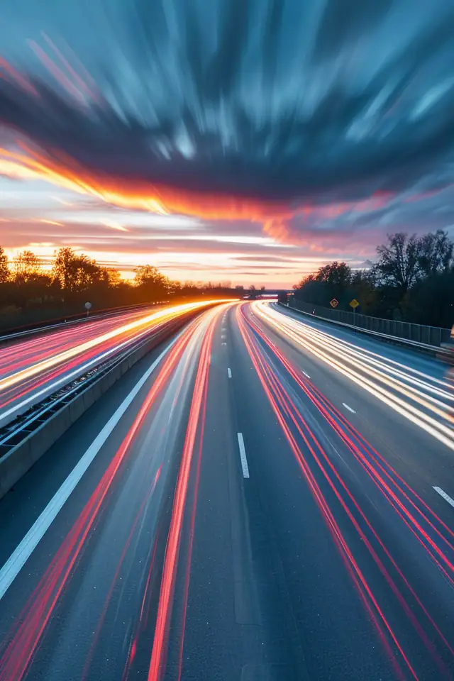 O autostradă la apus, cu traficul transformat în dâre de lumină roșie și albă și un camion care trece pe dreapta