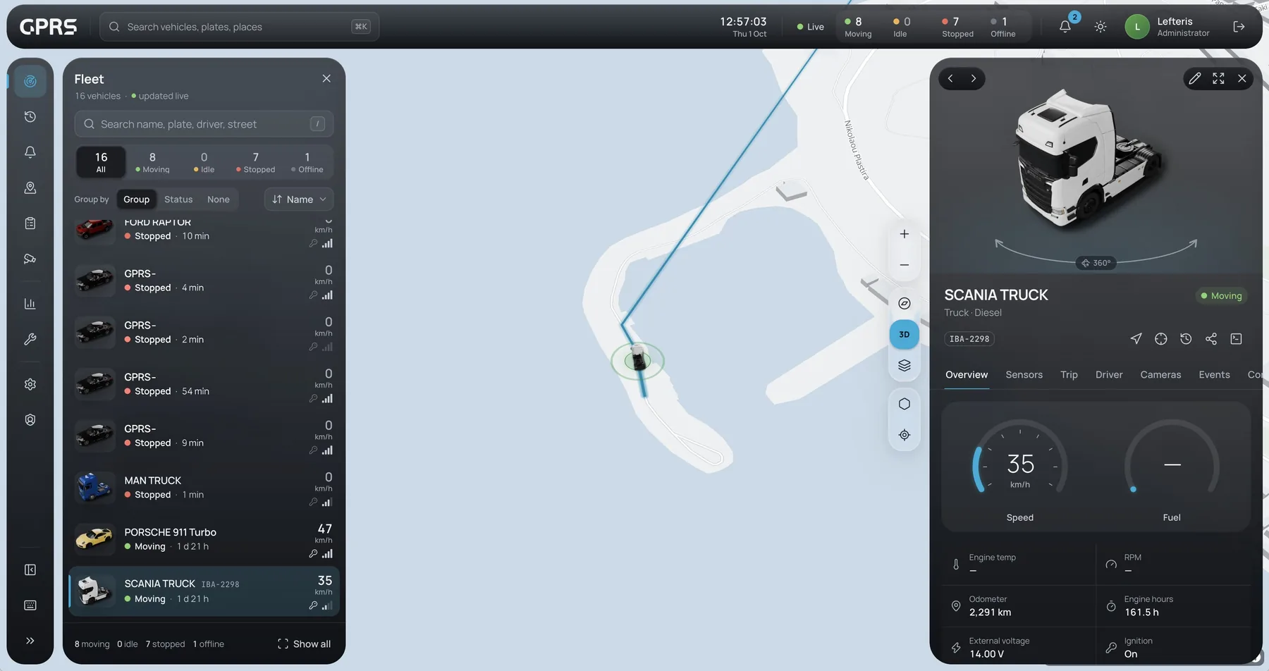 Die SKYTRACK-Plattform am Desktop: ein Lkw auf der Live-Karte neben seinen Details, mit Tacho und Tankanzeige, Kilometerstand und Motorstunden