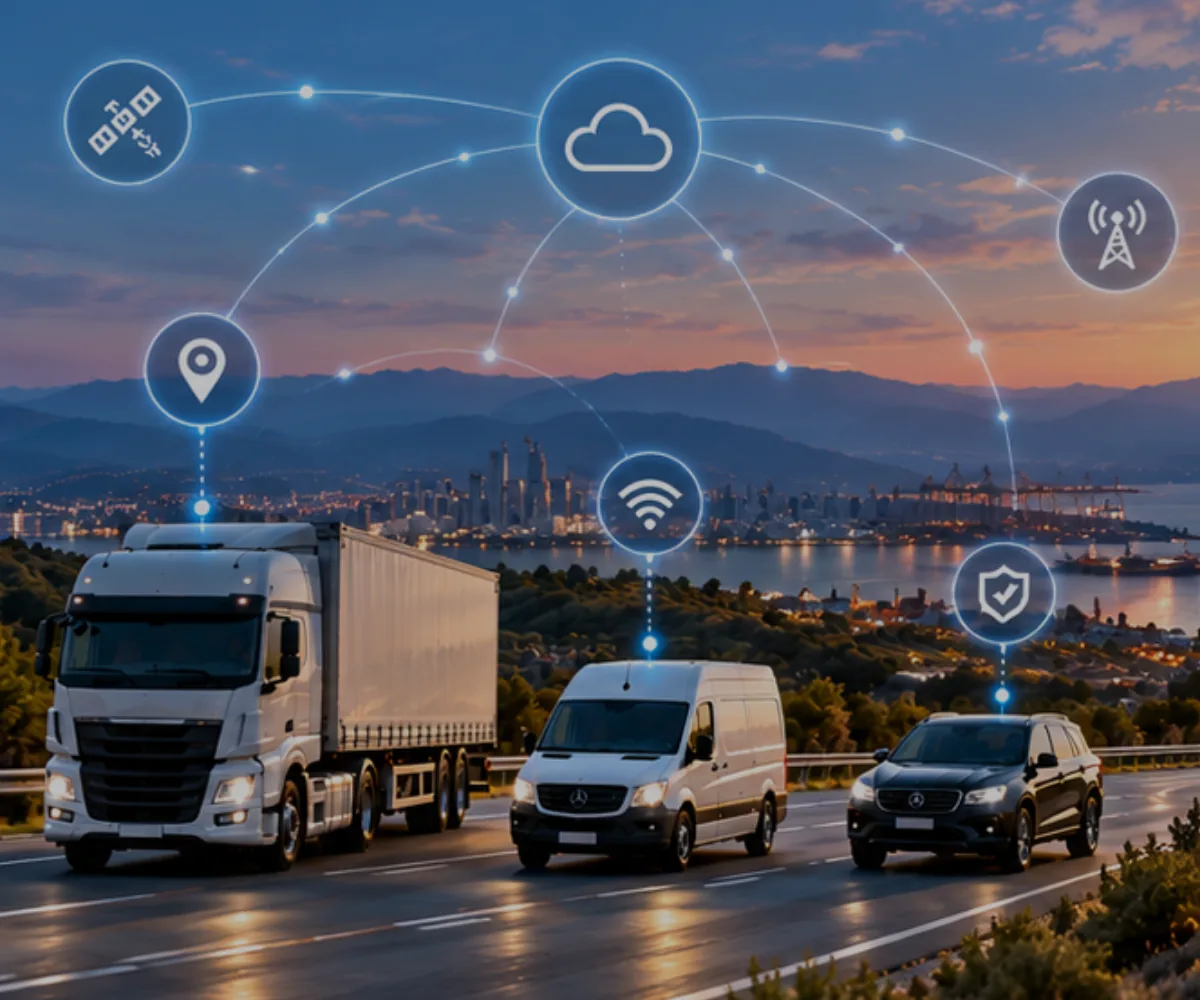 Un camion, o dubă și o mașină pe o autostradă la amurg, legate de pictograme de satelit, cloud și rețea