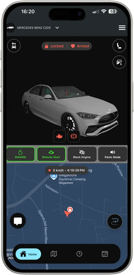 Die SKYTRACK-App auf einem Smartphone: ein verriegeltes Auto mit scharfer Alarmanlage, mit Schaltflächen zum Entschärfen, für den Fernstart, die Motorsperre und den Panikalarm, über seiner Position auf der Karte
