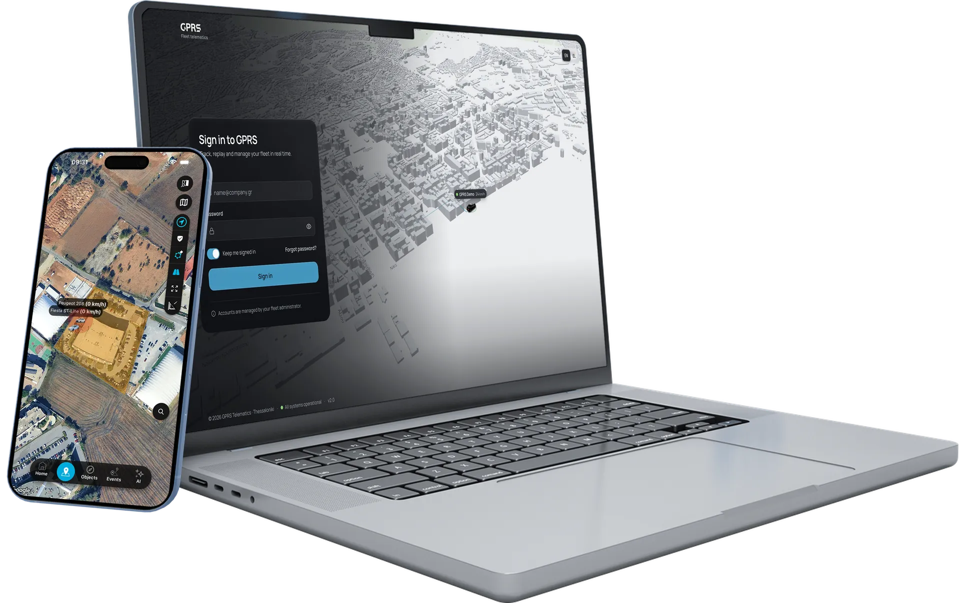 La plataforma GPRS de SKYTRACK en un portátil, en la pantalla de inicio de sesión sobre un mapa 3D de una ciudad, con la app en un móvil al lado mostrando vehículos en un mapa satelital